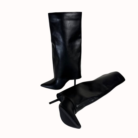 Worthington Black Stiletto Dress Boots Size 6.5 Fold Over Pointed Toe Night Out - Picture 3 of 16